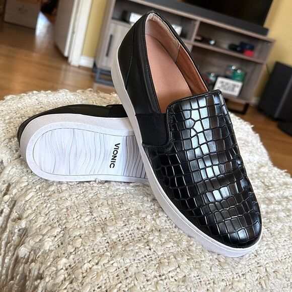 Vionic Demetra Black Croc Embossed Leather Slip On Sneaker Arch Support 9.5 - Picture 3 of 12